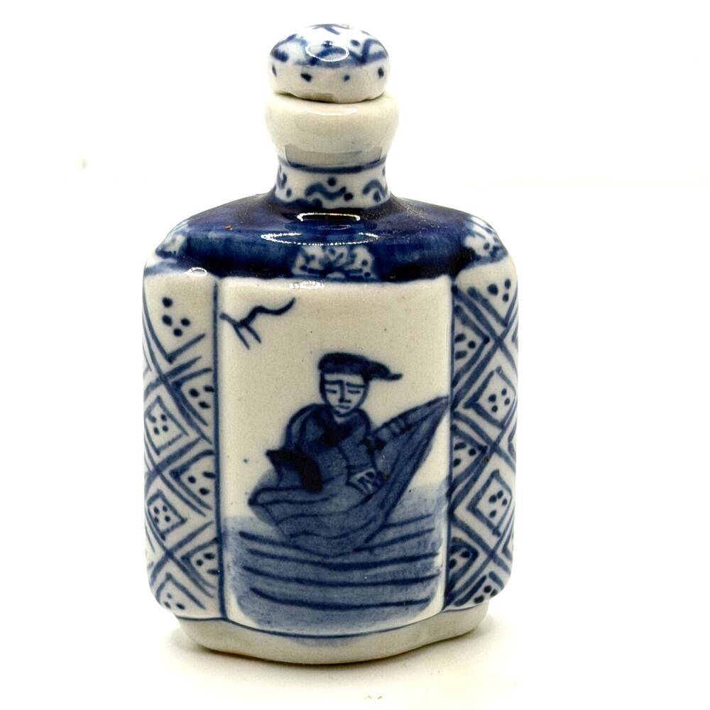 Vintage 70s Blue White Ceramic Scholar Nautical Scene Snuff Bottle